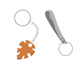 Set of trinkets concept. Toys on pendant for keys. Keychains pack. Orange steel leaf. Stickers for social networks and messengers. Cartoon flat vector collection isolated on white background