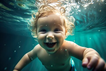 Adorable baby swiming underwater. Diving toddler. High quality photo | Generative AI
