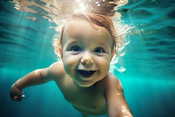 Fototapeta na wymiar Adorable baby swiming underwater. Diving toddler. High quality photo | Generative AI