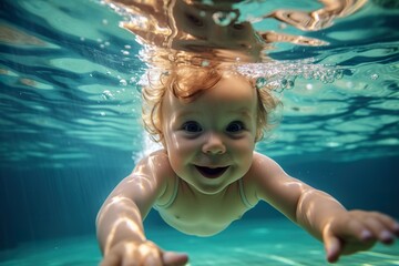 Obraz na płótnie Canvas Adorable baby swiming underwater. Diving toddler. High quality photo | Generative AI