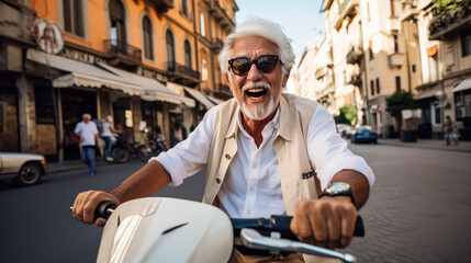 Retired senior man on a scooter, happy enjoying Italy vacation, mediterranean europe country and pension plan concept, retirement