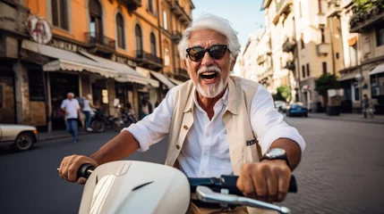 Poster Retired senior man on a scooter, happy enjoying Italy vacation, mediterranean europe country and pension plan concept, retirement © OpticalDesign