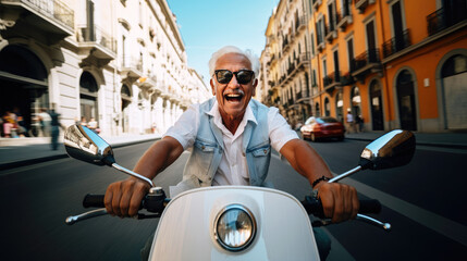 Retired senior man on a scooter, happy enjoying Italy vacation, mediterranean europe country and pension plan concept, retirement - obrazy, fototapety, plakaty