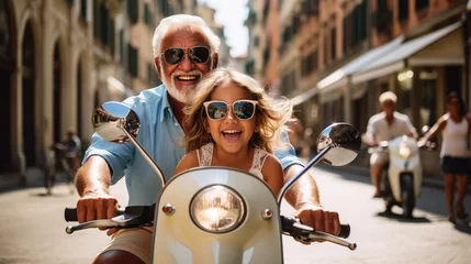 Photo sur Plexiglas Scooter Retired senior granddad and granddaughter on a scooter, happy enjoying Italy vacation, mediterranean europe country and pension plan concept, retirement