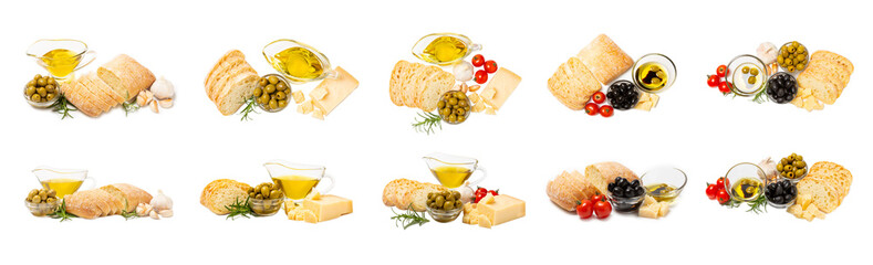 Bruschetta with olive oil, olives, pesto, garlic and parmesan isolated on white background....