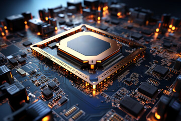 Fototapeta premium Futuristic future motherboard design with CPU socket, microchips, microprocessors, integrated circuits and connectors for connection, technology science background