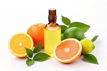 citrus fruits with glass bottle.