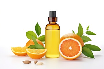 citrus fruits with glass bottle.