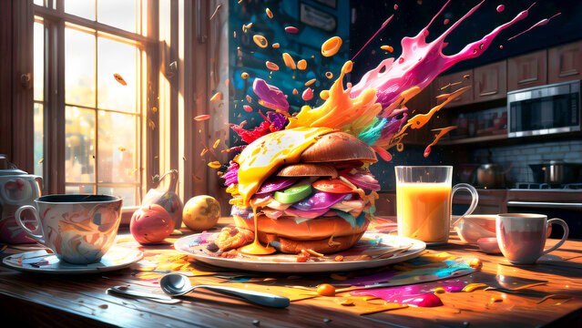 Generative AI image of  a hamburger exploding into colors. .