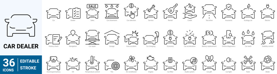 Simple Set of Car Related Vector Line Icons. Contains such Icons as tech review, stats comparing, dealership, Car dealer. Car service. Editable Stroke.