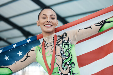 Medal, winner and portrait of usa champion or woman with success in competition, gymnastics...
