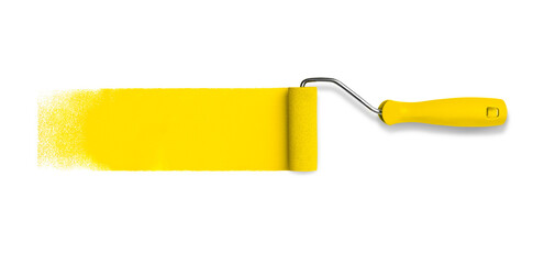 Roller paint tool with long yellow paint track stroke isolated on white