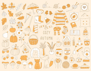 Set of hand drawn elements symbolizing autumn, comfort, harvest. Color monochrome design objects for fall, autumn design. Warm clothes, leaves, hot drinks. Cute vector illustrations