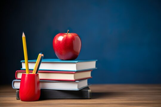 stack of books and pencils on school table against blackboard with an apple on top. Back to school concept, learning. High quality photo | Generative AI