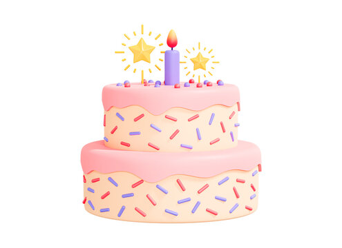 3D Birthday cake with candle and decoration sprinkles. Pink cake emoji. Party surprise. Two tier wedding cake. Pastel color. Cartoon creative design icon isolated. 3D Rendering