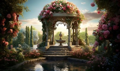 A beautiful bandstand sometimes a music kiosk with flowers. Generative AI
