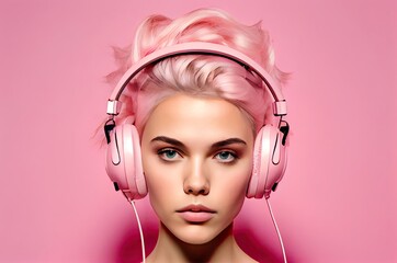 Girl On Pink Background With Headphones Listening To Music Generative AI