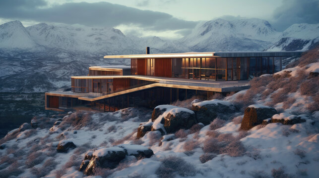 Japandi villa on top of a snowy mountain. Generative AI