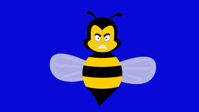 video animation cartoon bee with an angry expression. On a blue chroma key background
