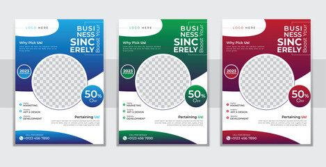 
Minimalistic Business corporate Concept of Brand Identity Mock-Up set 3 color gradient abstract Flyer design. Vector mockup template of vertical promotional advertising 2023.