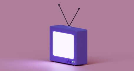 Retro TV in a conceptual cartoon 3 d style. An old television receiver isolated on a pink background 3 rendering. Minimalistic design. TV with a mysteriously glowing screen screen side view. 