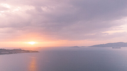 Aerial photos of the coast of Lechería, Anzoátegui State, los canals beach. Photos of the horizon over the sea, palya, oil tankers, sky, nbes, sunset