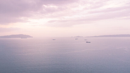 Fototapeta premium Aerial photos of the coast of Lechería, Anzoátegui State, los canals beach. Photos of the horizon over the sea, palya, oil tankers, sky, nbes, sunset