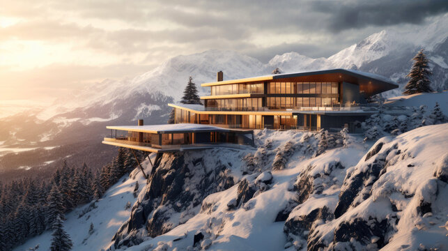 Japandi villa on top of a snowy mountain. Generative AI