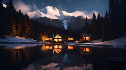 A cozy and inviting cabin by a glistening alpine lake, surrounded by snow-capped mountains, a warm fireplace inside, and a hammock outside for stargazing, evoking feelings of relaxation and harmony wi
