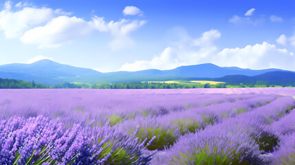 A vast and serene lavender field in full bloom, the fragrance of lavender filling the air, rolling hills and distant mountains in the background, a sense of tranquility and peace prevailing, Photograp