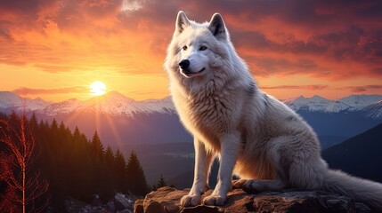 A beautiful red dog of the Shiba Inu breed on the background of a mountain landscape with a beautiful neon sunset. Generative AI