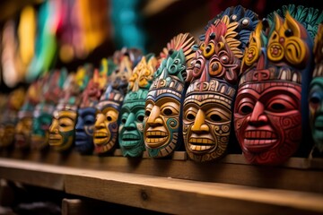 Mayan Colorful Wooden Masks. Mayan Mask. Mayan wooden handcrafted masks in a traditional Mexican market. Made With Generative AI.