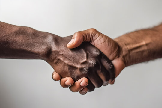 Two black men shaking hands isolated on white background. Close up view on dark-skinned men shaking hands