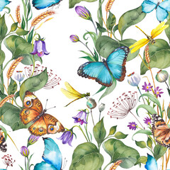 Seamless pattern with meadow plants and butterflies. Watercolor illustration on green background.