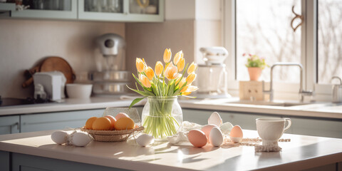 Generative AI, easter kitchen decor, modern bright home interior, colorful eggs, holiday decorations, spring flowers, sunlight, postcard, space for text, april, traditions