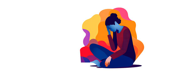 Woman sitting on the floor with a headache on white background,The Invisible Weight: Portrait of distress,depression, anxiety and despair in mental health,copy space