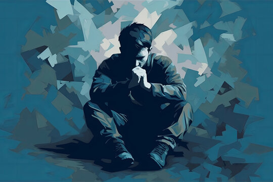 A teenage youth sitting on the floor, battling their mental health issues.Caught in the Dark: The Face of Depression and Anxiety in First Person,Generative AI