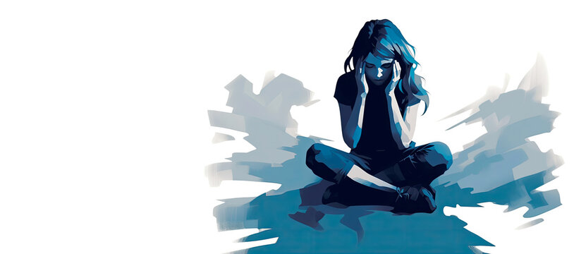 A teenage girl sitting on the floor tormented by hearing voices inside her.The Invisible Weight: Portrait of distress,depression, anxiety and despair in mental health, copy space