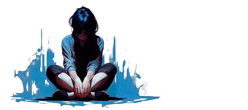 A young woman sitting on the floor emotionally devastated.The Invisible Weight: Portrait of distress,depression, anxiety and despair in mental health, copy space