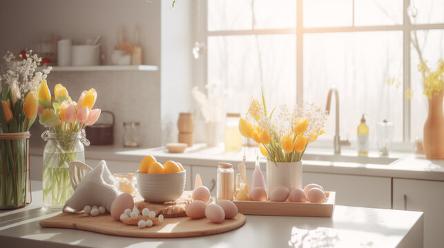 Generative AI, easter kitchen decor, modern bright home interior, colorful eggs, holiday decorations, spring flowers, sunlight, postcard, space for text, april, traditions