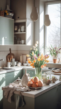 Generative AI, easter kitchen decor, modern bright home interior, colorful eggs, holiday decorations, spring flowers, sunlight, postcard, space for text, april, traditions