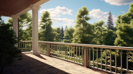 Fototapeta premium Balcony overlooking the spruce forest, sunny day. Generative AI