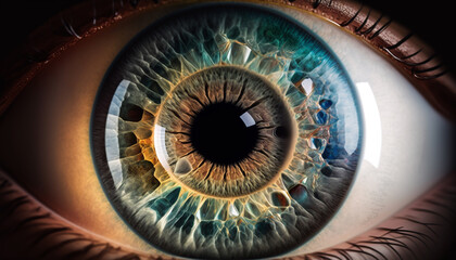 close up of human eye in blue light. Generative AI