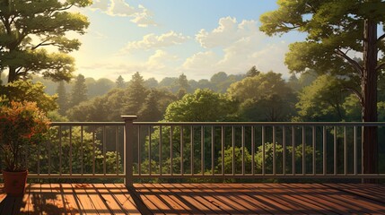 Balcony overlooking the spruce forest, sunny day. Generative AI