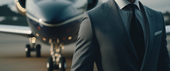handsome businessman in formal suit and tie standing near private jet. Generative AI