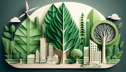 modern cityscape with green tree and paper buildings. Generative AI