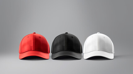 Set of blank white, black and red baseball cap mockup template isolated on grey, clipping path.