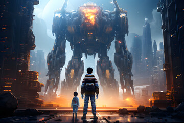 Teenager and little kid stands in front of a mecha robot with an urban city full of skyscrapers surrounding a giant android