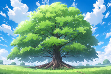 Huge green tree, bottom up view, blue sky with clouds, anime and cartoon style Generative AI illustration