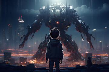 Little kid and giant evil robot face to face, destroyed urban city in the background. Generative AI illustration